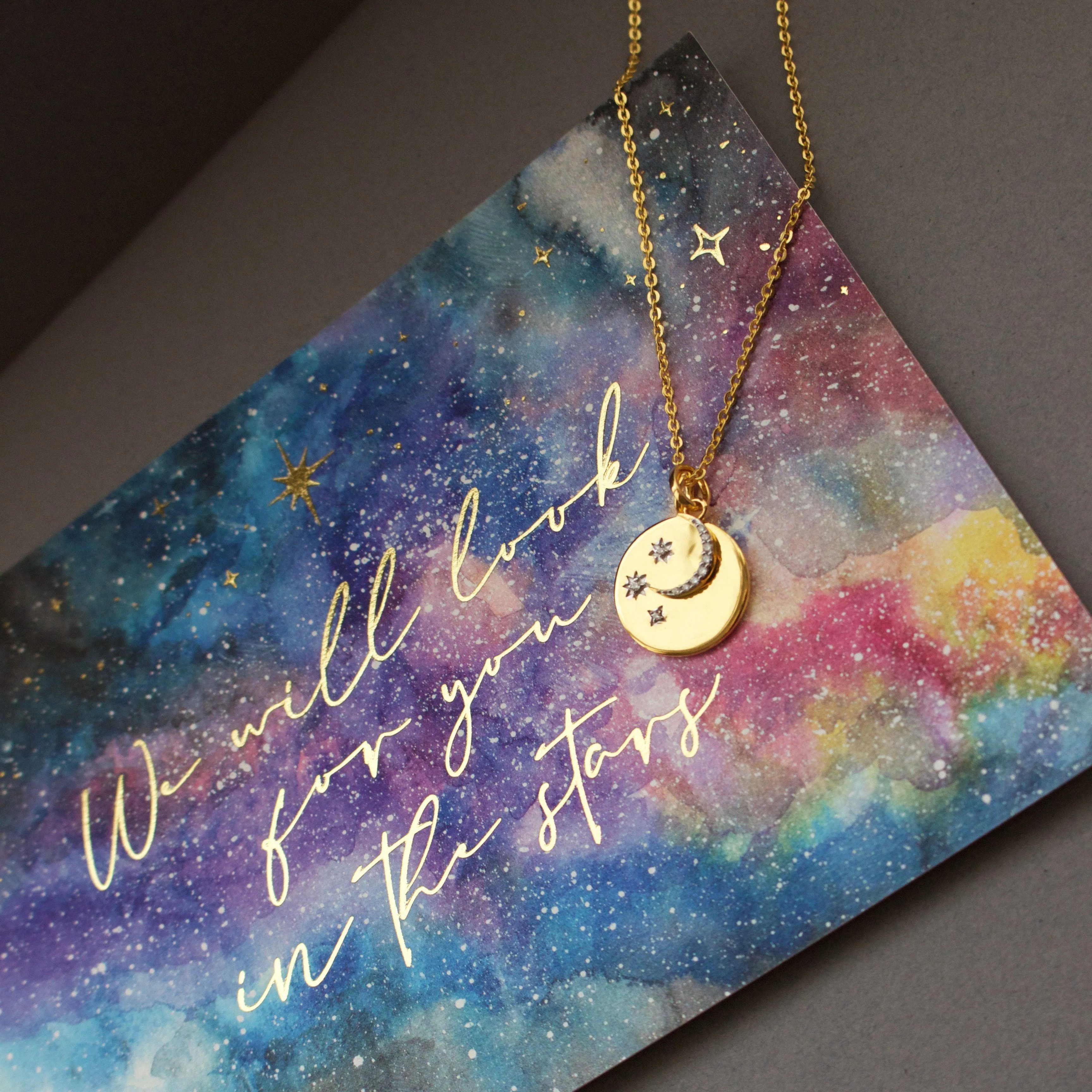 We will look for you in the stars Coin Necklace with Crescent Moon Charm