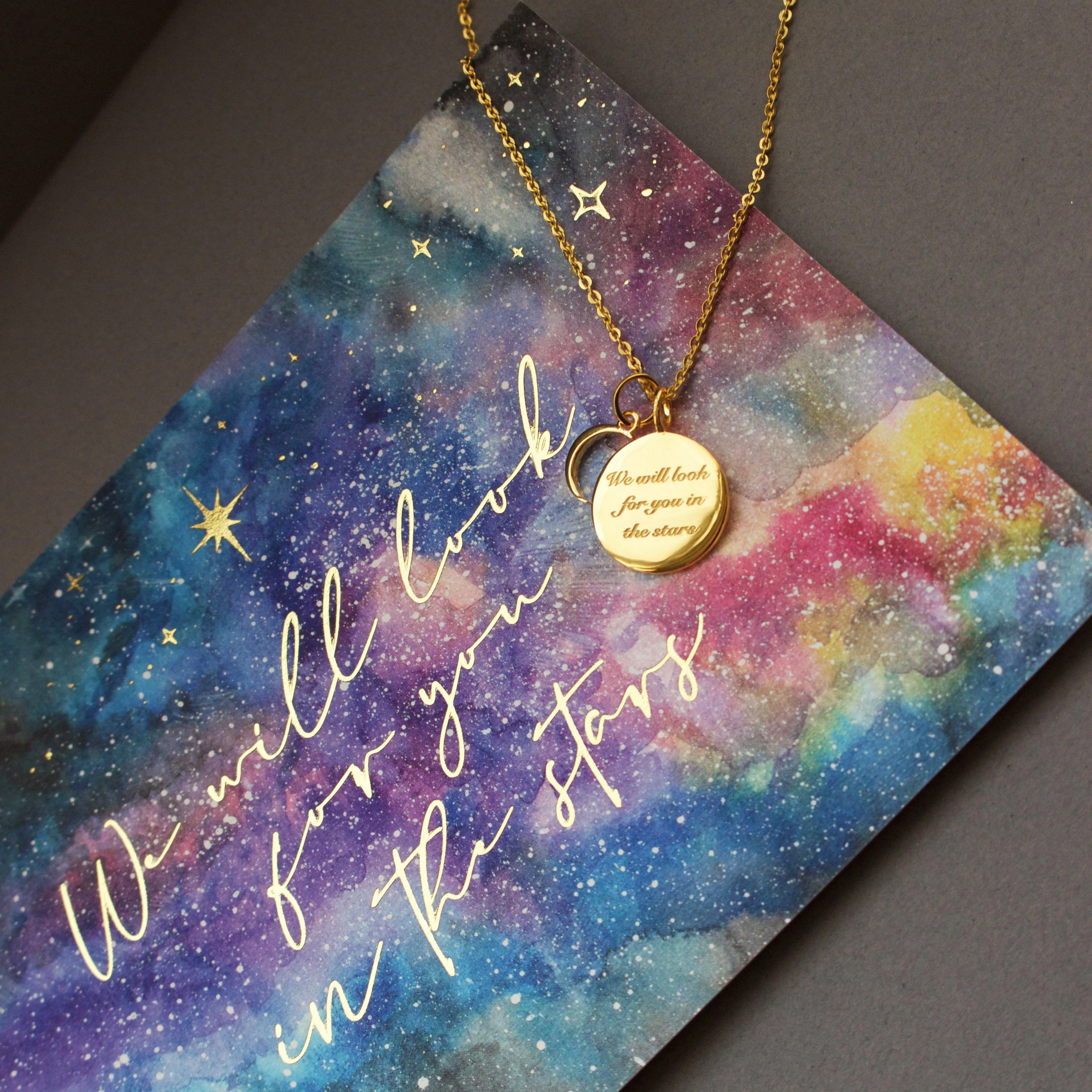 We will look for you in the stars Coin Necklace with Crescent Moon Charm